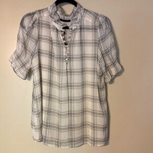 Tommy Hilfiger White and Cream Blouse with Cuffed Sleeves and Mandarin Collar